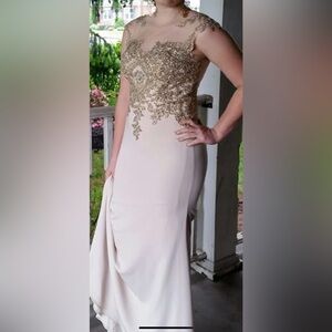 Elegant Cream and Gold Evening Gown